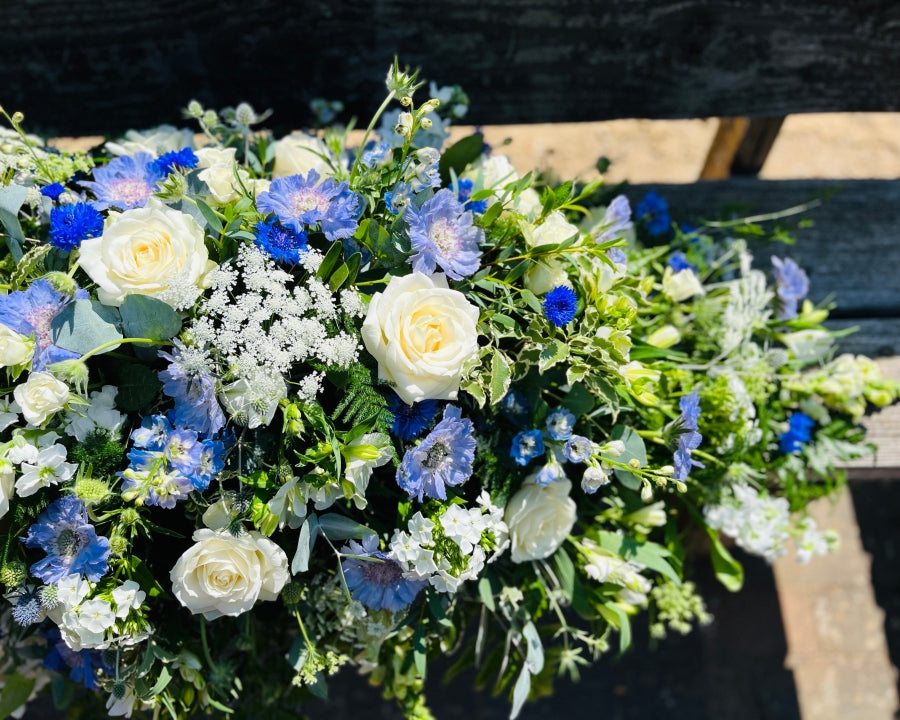 Blue & White Casket Spray fresh flowers made by The Petal Boutique in Winchester