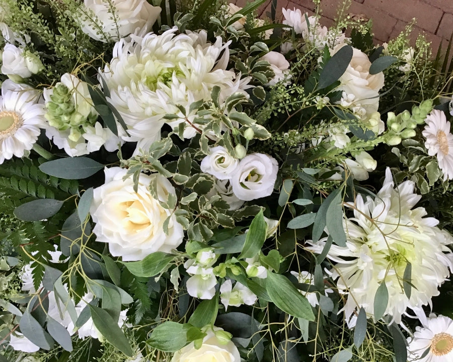 Green & White Casket Spray fresh flowers made by The Petal Boutique in Winchester