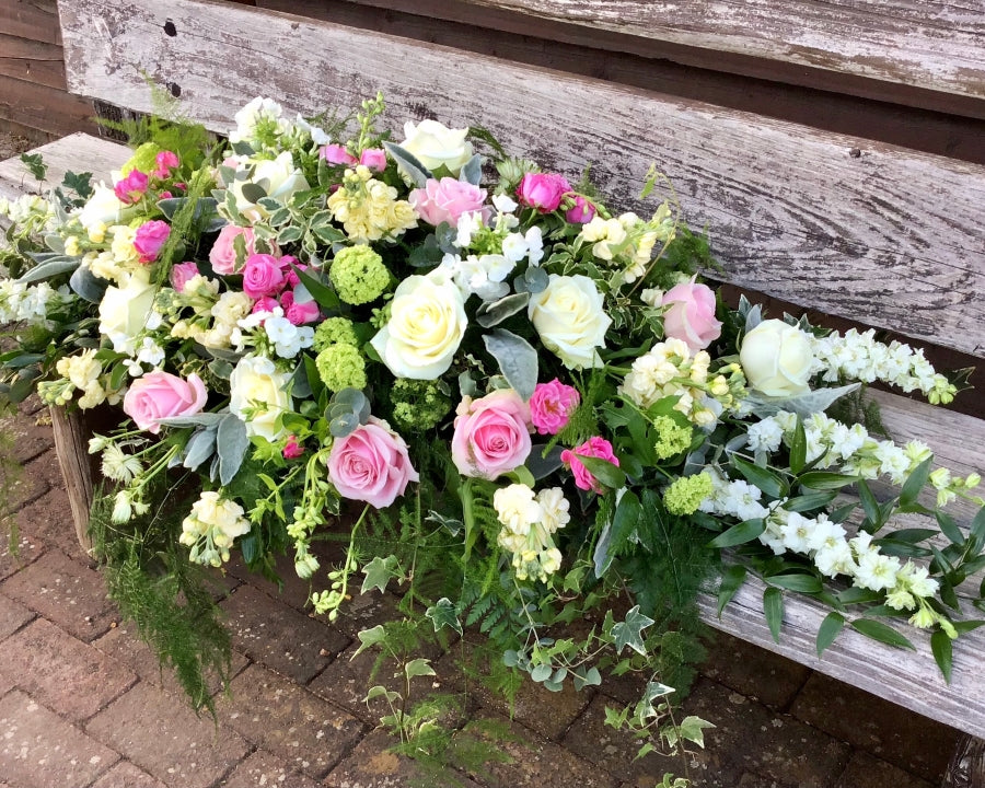 Pink & White Casket Spray fresh flowers made by The Petal Boutique in Winchester