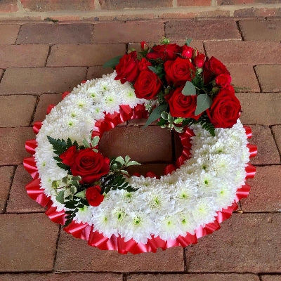Red and White Funeral Wreath fresh flowers made by The Petal Boutique in Winchester