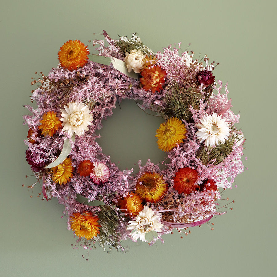 Rosewick dried flower wreath handcrafted from naturally dried stems by Bouquet Cards