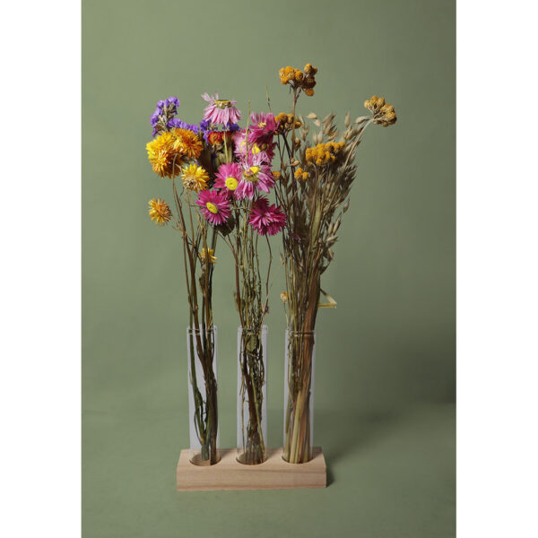 Mabel Letterbox Flowers - Three glass vases with dried flowers on wooden stand